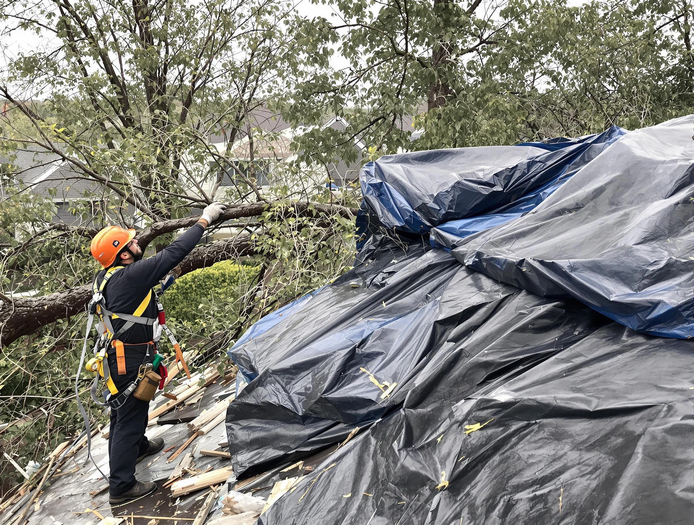 A tarped roof after storm damage repaired by South Euclid Roofing Company in South Euclid, OH