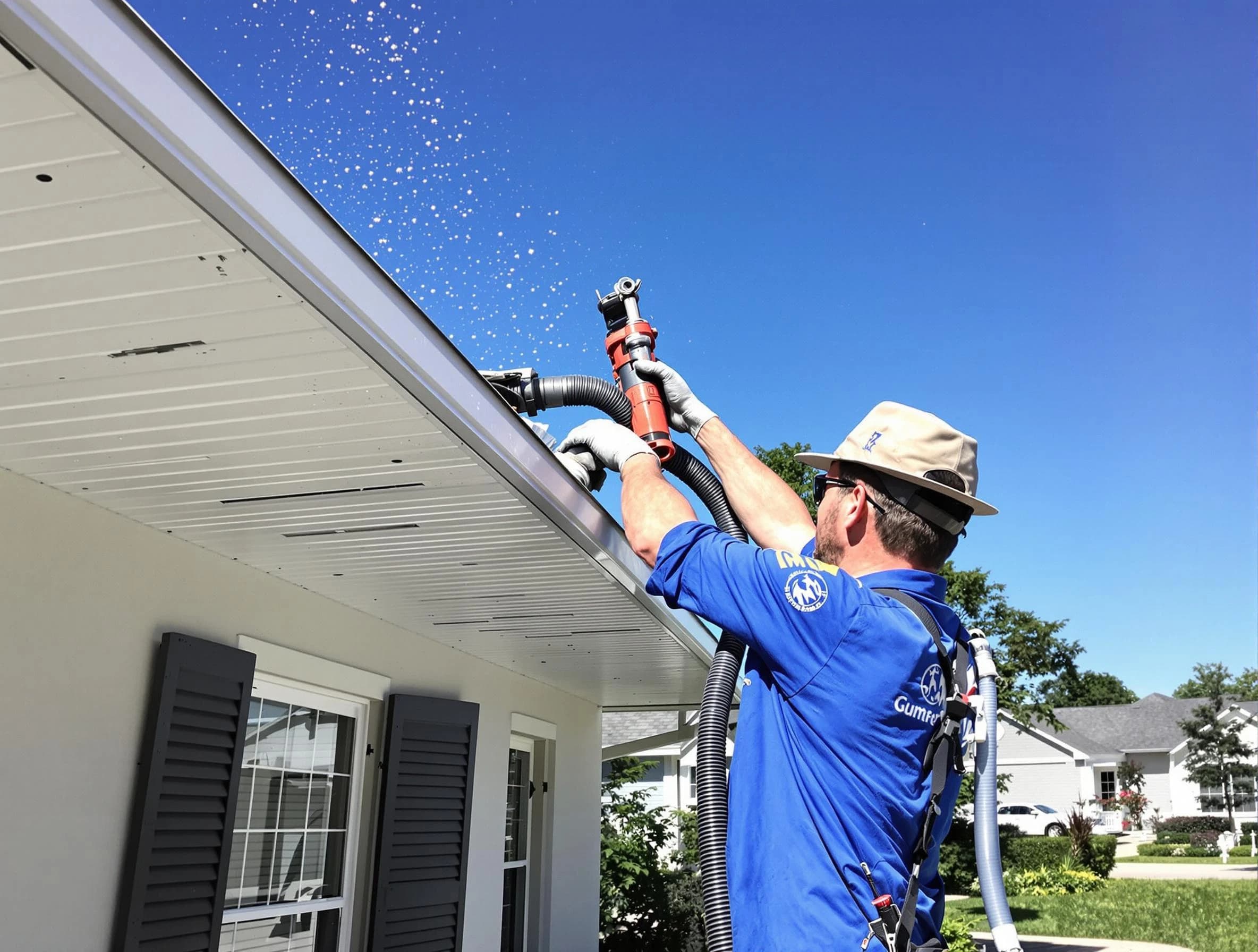 Technician completing a gutter cleaning project by South Euclid Roofing Company in South Euclid, OH